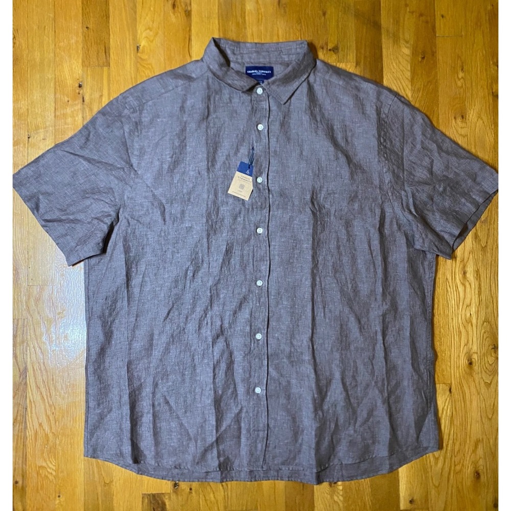 Charles Tyrwhitt Short Sleeve Button Up Shirt Mens 3XL Brown Linen Casual Preppy